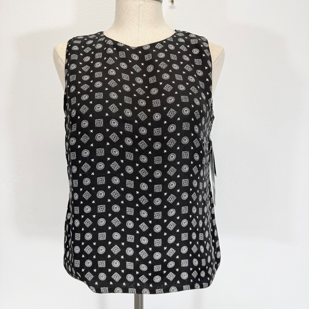 Josephine Chaus VTG 100% Silk Reversible Shell Top Black White Floral Paisley 8P